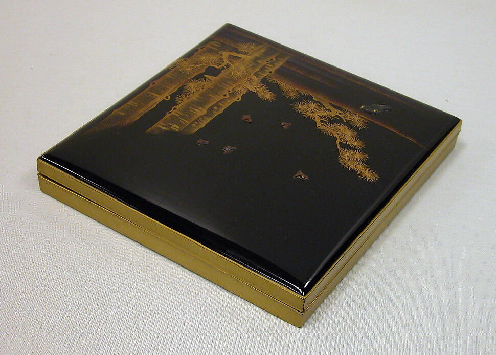 Writing box (Suzuribako) with Pines, Hawk, and Sparrows, Lid: black lacquer ground with gold and silver togidashi maki-e and metal inlayInterior: nashiji ground with gold and silver hiramaki-e , Japan 