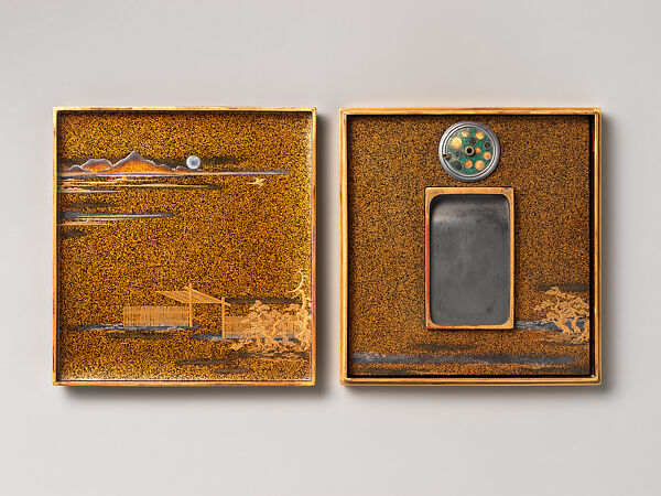 Writing box (Suzuribako) with Pines, Hawk, and Sparrows, Lid: black lacquer ground with gold and silver togidashi maki-e and metal inlayInterior: nashiji ground with gold and silver hiramaki-e , Japan