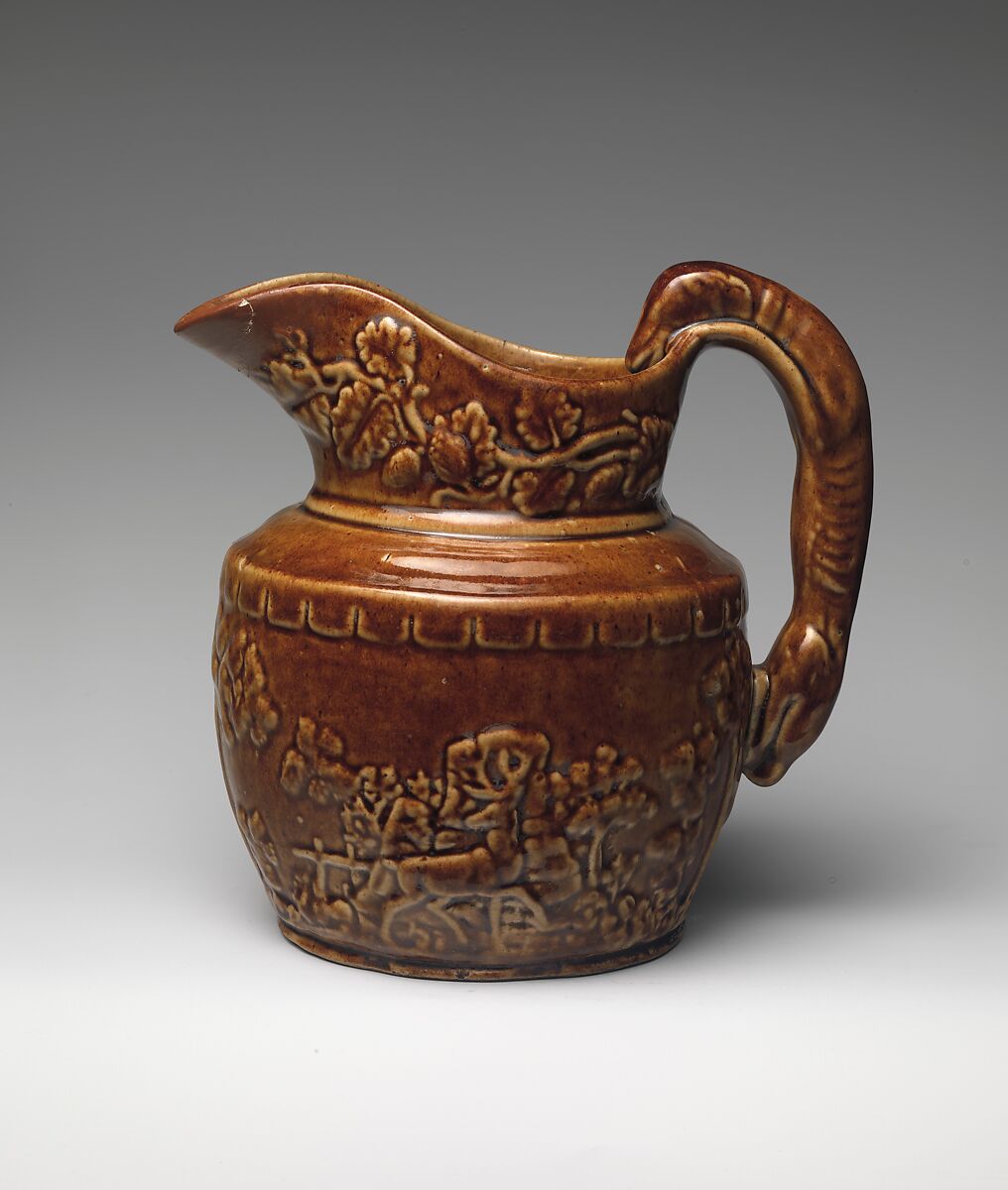 Pitcher, Possibly designed by Sidney Risley (ca. 1814–1875), Mottled brown earthenware, American 