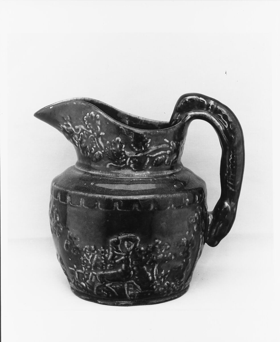 Pitcher, Possibly designed by Sidney Risley (ca. 1814–1875), Mottled brown earthenware, American