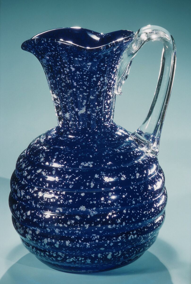 Pitcher, Probably Hobbs, Brockunier and Company (1863–1891), Blown spangled blue glass, American 