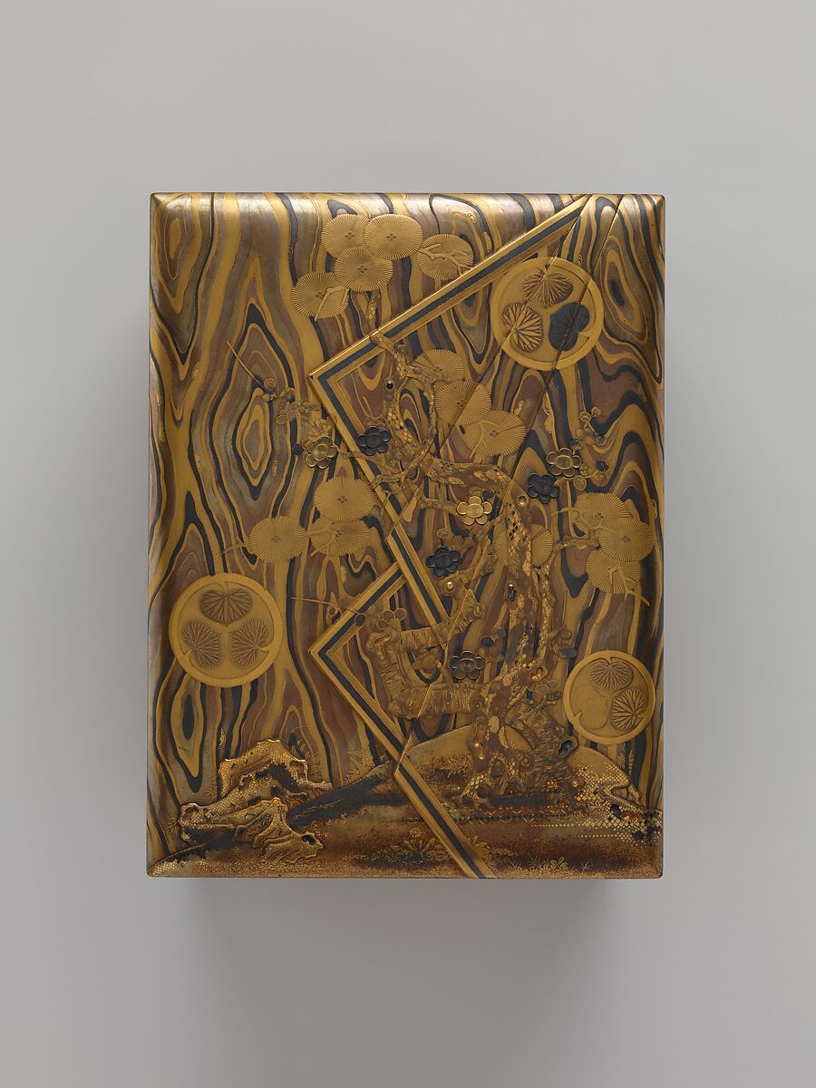 Cosmetic Box (mayudzukuri-bako) with Pine, Bamboo, Plum, and Tokugawa Family Crest on Wood-Grain Ground, Lacquered wood with gold, silver takamaki-e, hiramaki-e, togidashimaki-e, gold and silver foil application, gold and silver inlay on wood-grain lacquer ground, Japan