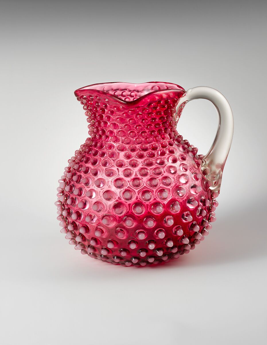 Hobnail Pitcher, Probably Hobbs, Brockunier and Company (1863–1891), Pressed cranberry, opalescent and colorless glass, American 