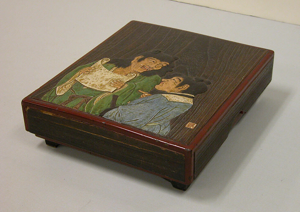 Writing box, Kiri wood (a kind of paulownia) with design in pottery relief, Japan