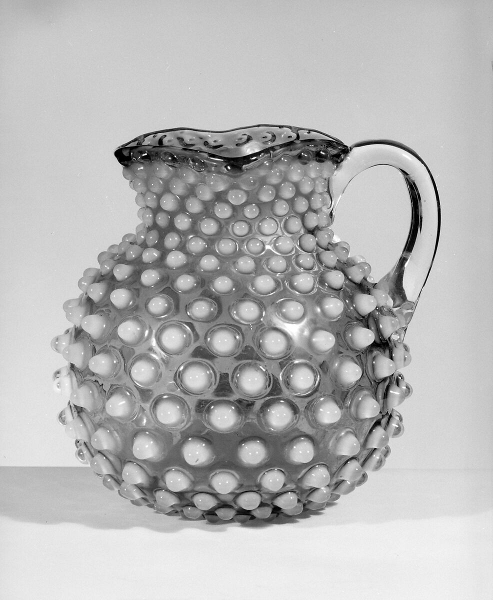 Hobnail Pitcher, Probably Hobbs, Brockunier and Company (1863–1891), Pressed cranberry, opaque white and colorless glass, American 