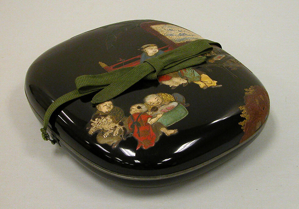 Document Box with Design of Chinese Children at Play, Style of Ogawa Haritsu (Ritsuō) (Japanese, 1663–1747), Colored lacquer, gold and silver foil, mother-of-pearl, ivory, tortoiseshell, and ceramic on black lacquer, Japan
