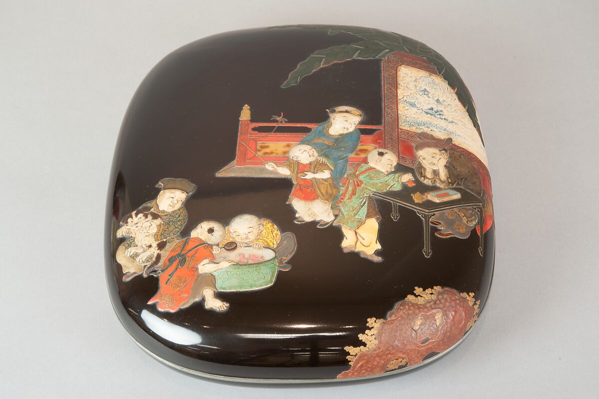 Document Box with Design of Chinese Children at Play, Style of Ogawa Haritsu (Ritsuō) (Japanese, 1663–1747), Colored lacquer, gold and silver foil, mother-of-pearl, ivory, tortoiseshell, and ceramic on black lacquer, Japan