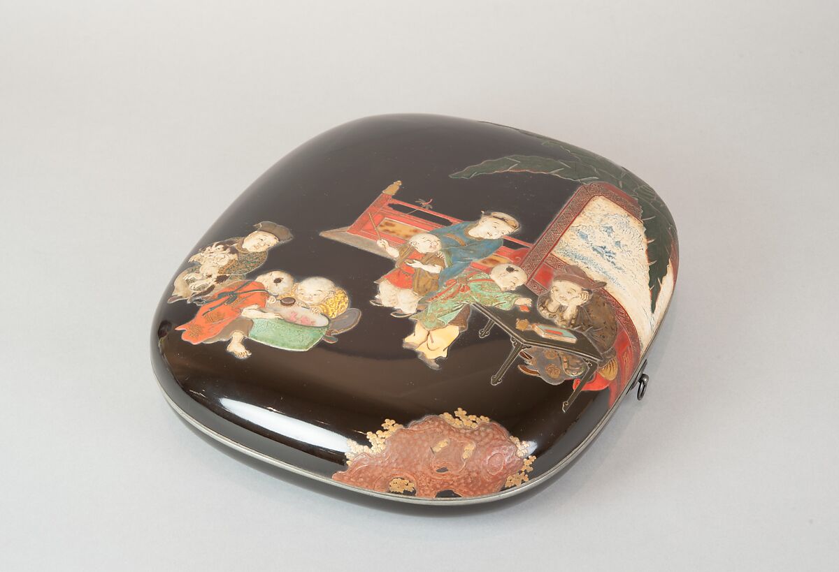 Document Box with Design of Chinese Children at Play, Style of Ogawa Haritsu (Ritsuō) (Japanese, 1663–1747), Colored lacquer, gold and silver foil, mother-of-pearl, ivory, tortoiseshell, and ceramic on black lacquer, Japan 