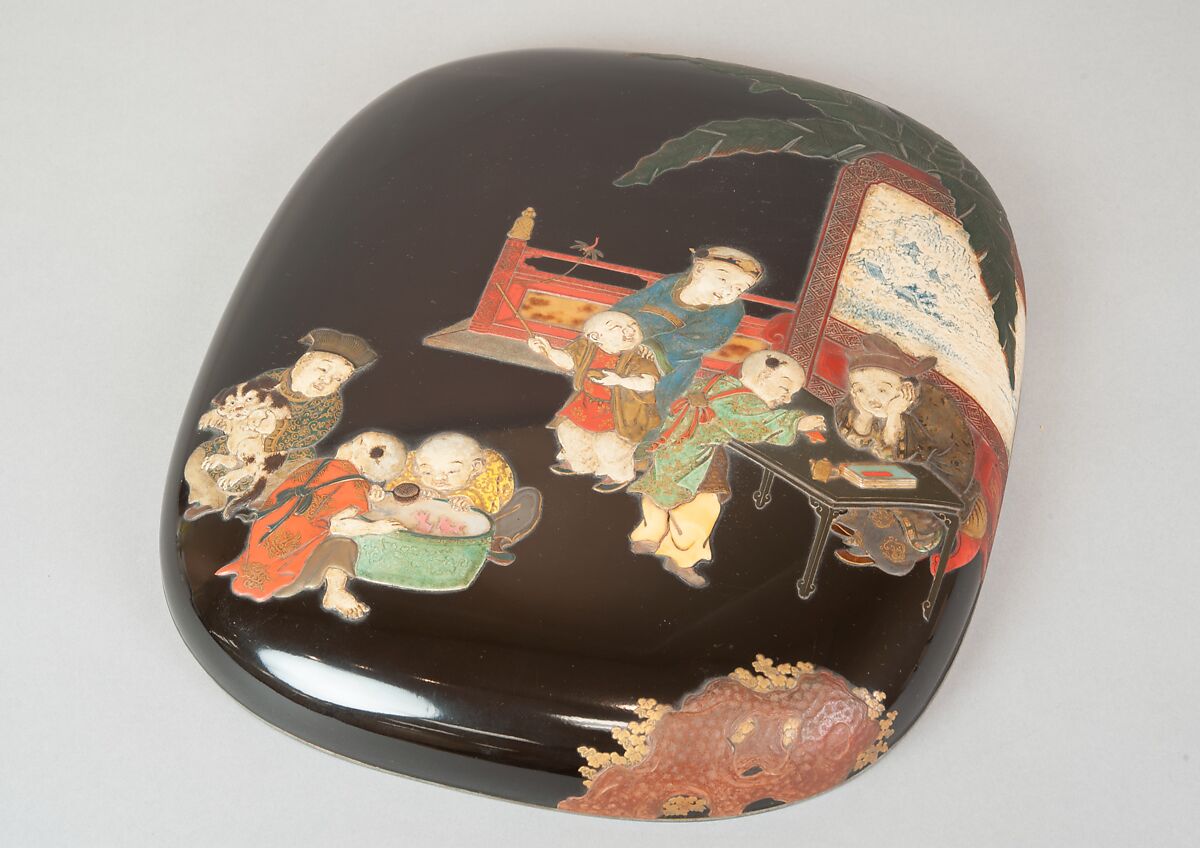 Document Box with Design of Chinese Children at Play, Style of Ogawa Haritsu (Ritsuō) (Japanese, 1663–1747), Colored lacquer, gold and silver foil, mother-of-pearl, ivory, tortoiseshell, and ceramic on black lacquer, Japan