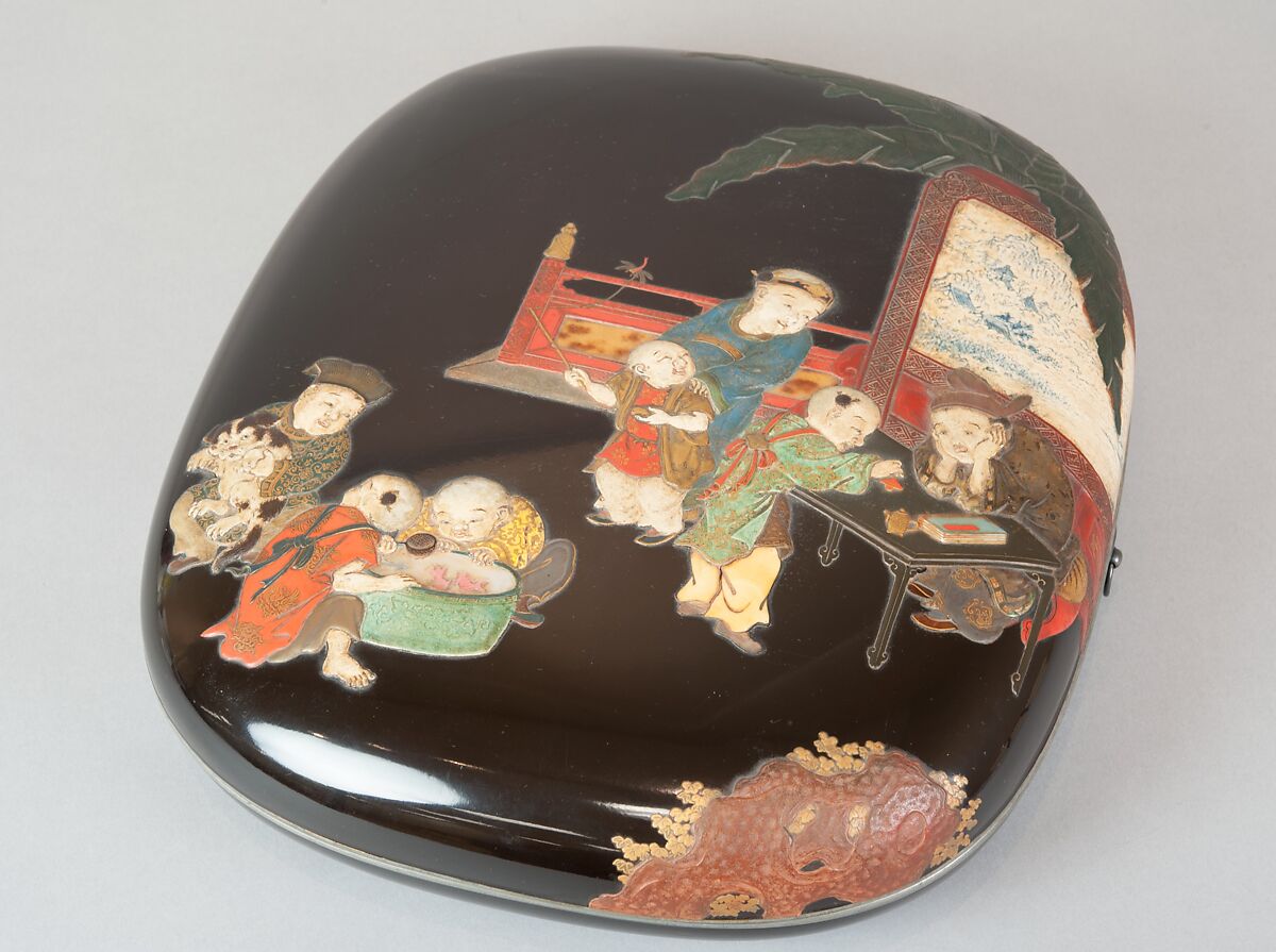 Document Box with Design of Chinese Children at Play, Style of Ogawa Haritsu (Ritsuō) (Japanese, 1663–1747), Colored lacquer, gold and silver foil, mother-of-pearl, ivory, tortoiseshell, and ceramic on black lacquer, Japan