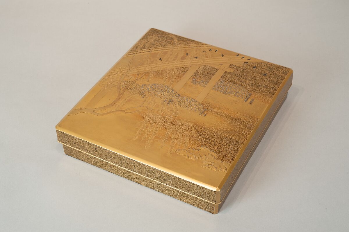 Box for Inkstone and Writing Implements (Suzuribako), Wood, lacquer sprinkled with gold, black lacquer, and shell inlay, Japan