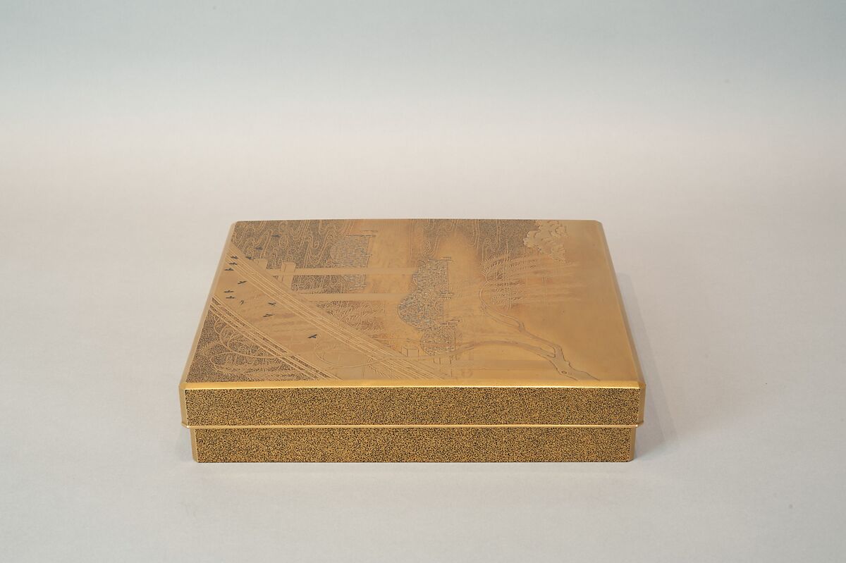 Box for Inkstone and Writing Implements (Suzuribako), Wood, lacquer sprinkled with gold, black lacquer, and shell inlay, Japan
