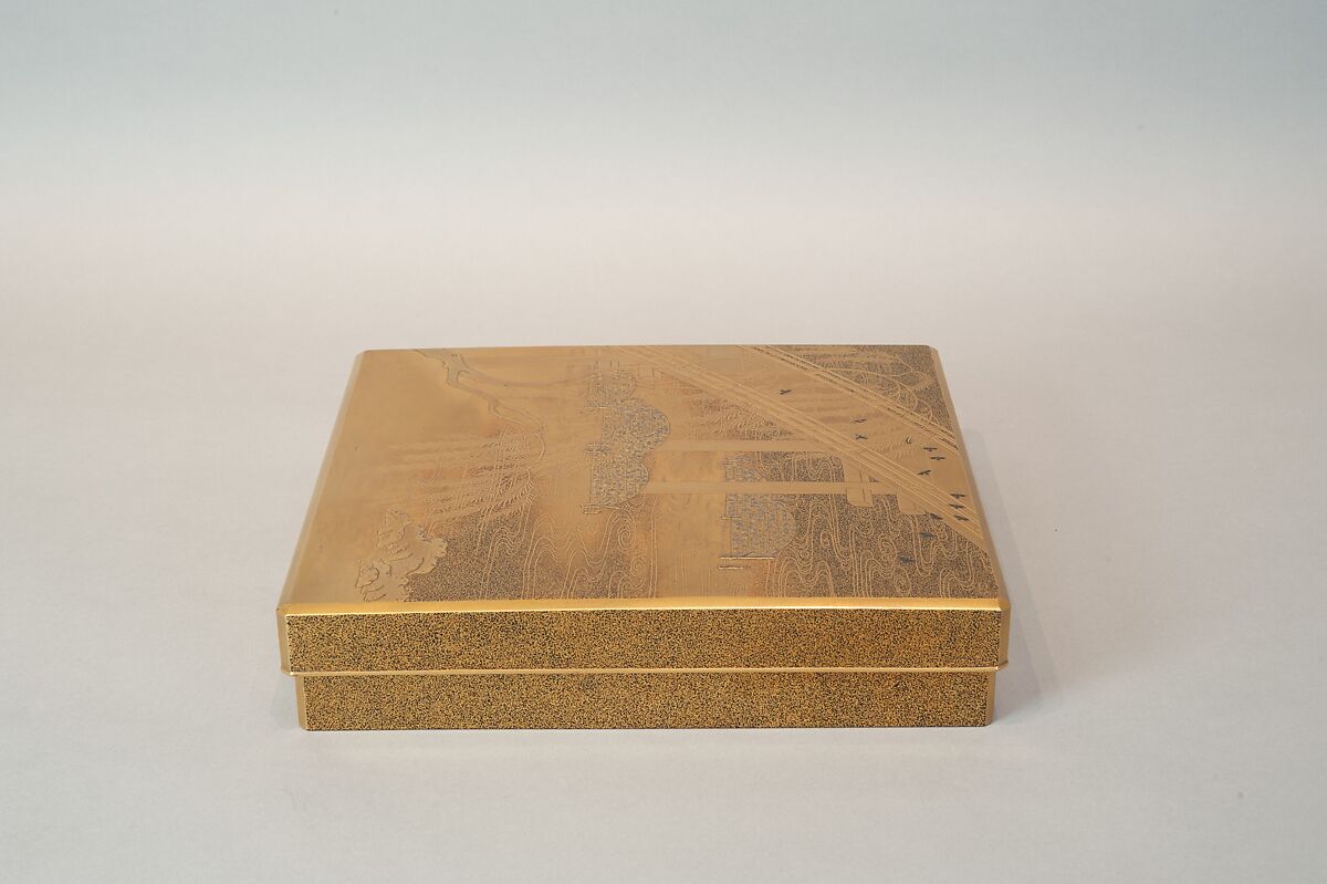 Box for Inkstone and Writing Implements (Suzuribako), Wood, lacquer sprinkled with gold, black lacquer, and shell inlay, Japan