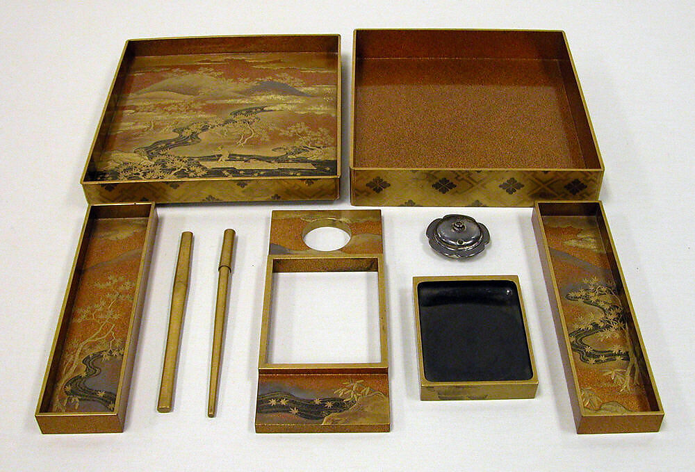 Writing Box with Design of the Tatsuta River, Gold and silver maki-e on gold lacquer, Japan