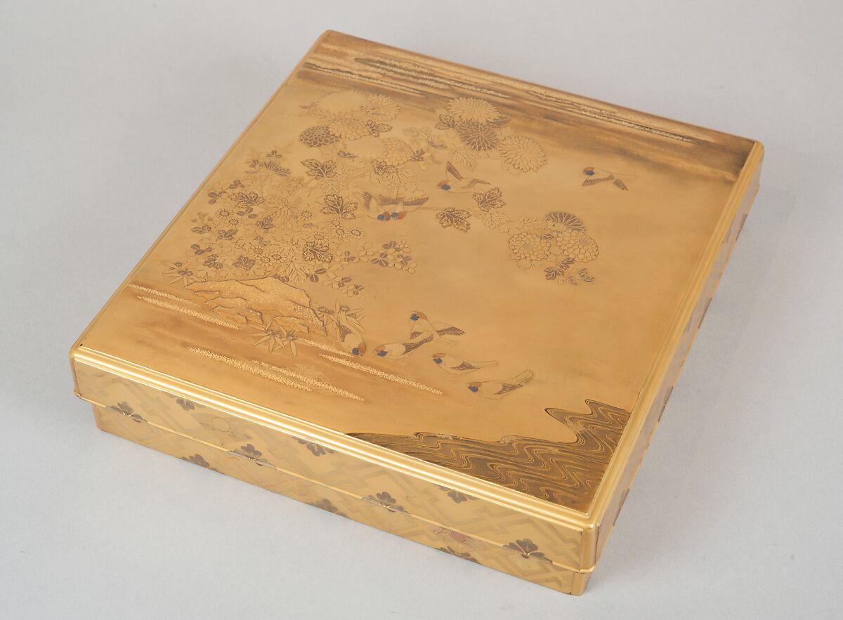 Writing Box with Design of the Tatsuta River, Gold and silver maki-e on gold lacquer, Japan