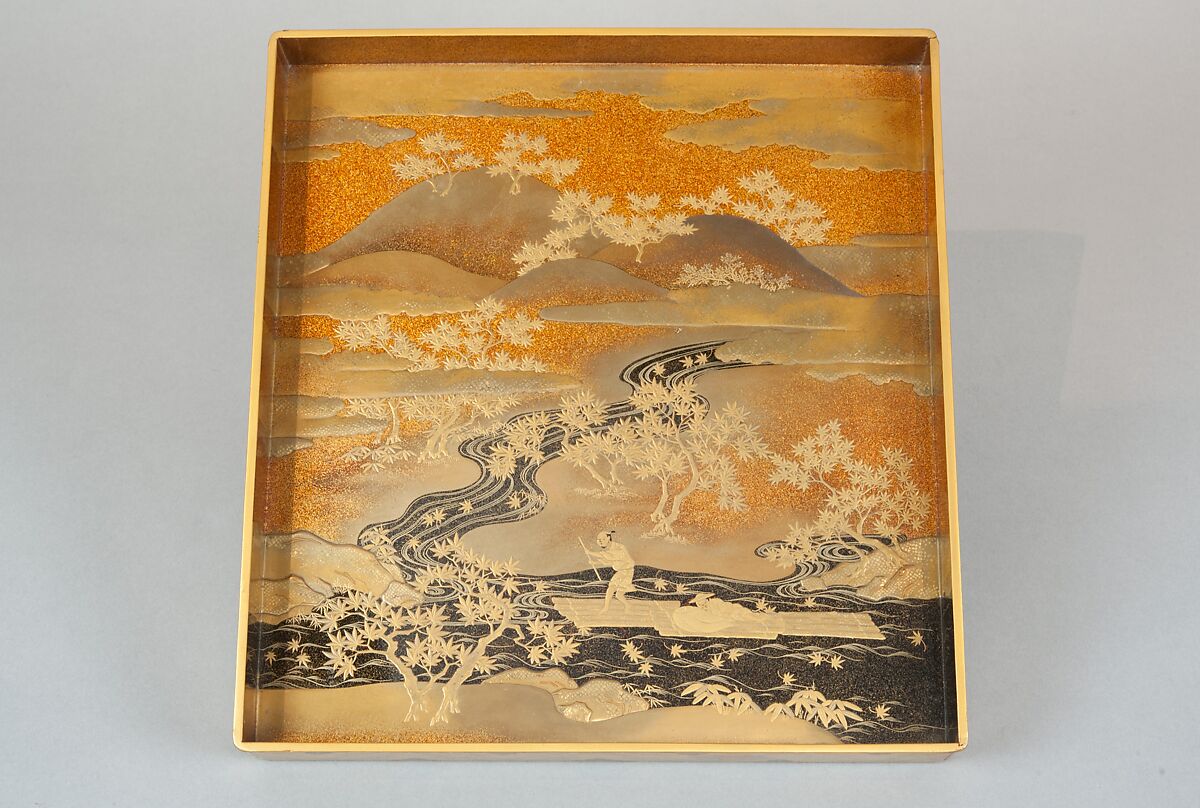 Writing Box with Design of the Tatsuta River, Gold and silver maki-e on gold lacquer, Japan