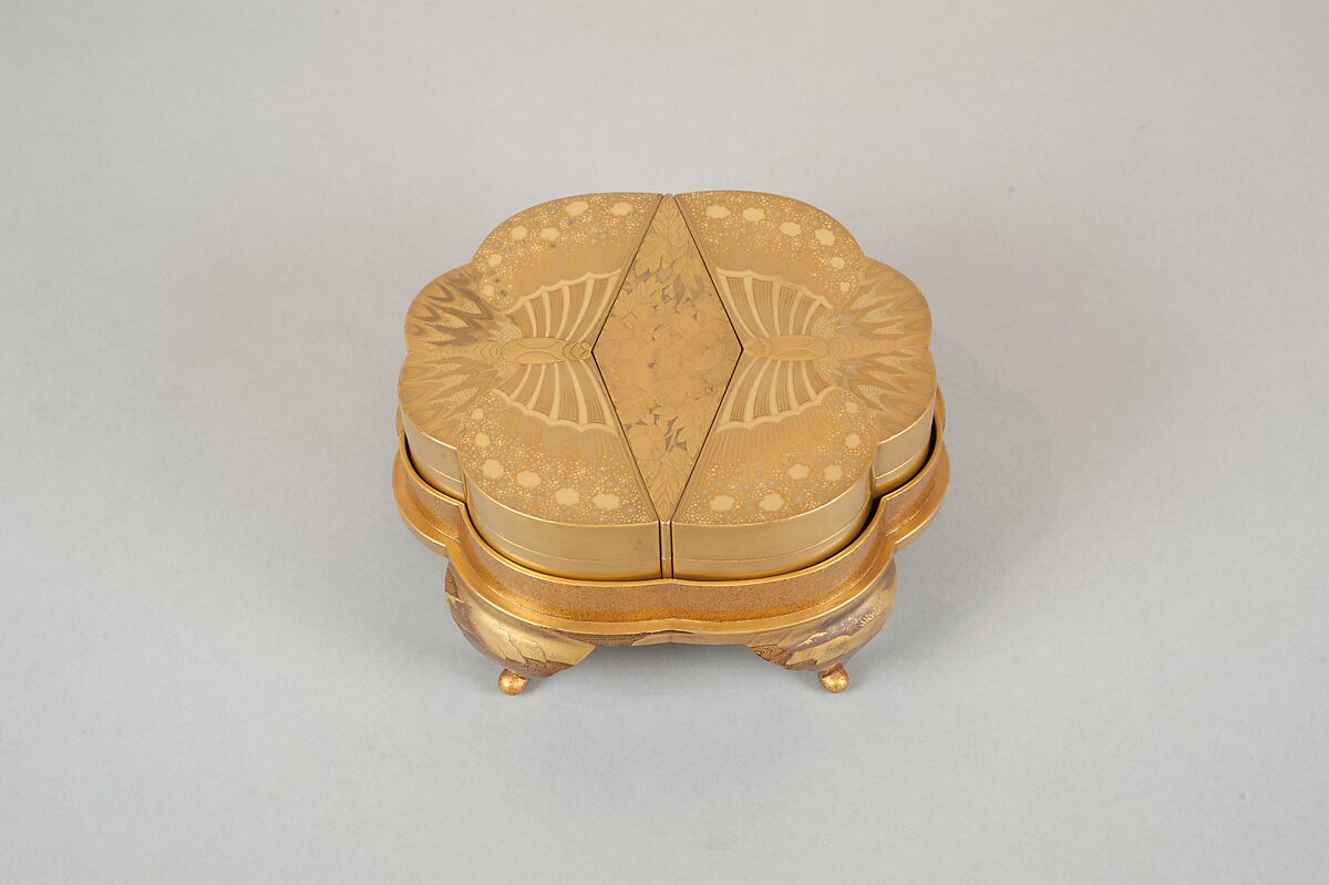 Legged Box with Design of Bush Clover along a Stream, Gold and silver maki-e on black lacquer, Japan