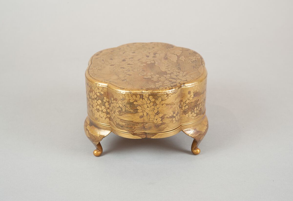 Legged Box with Design of Bush Clover along a Stream, Gold and silver maki-e on black lacquer, Japan