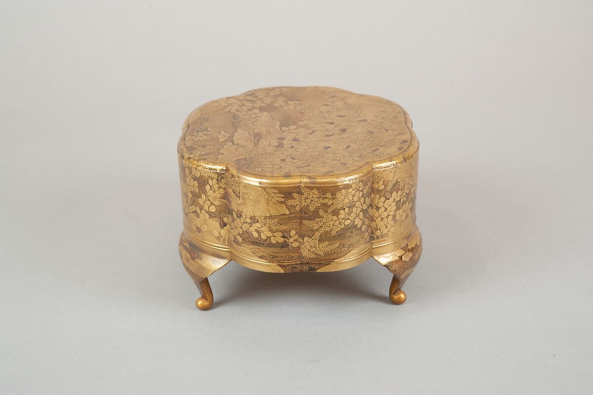 Legged Box with Design of Bush Clover along a Stream, Gold and silver maki-e on black lacquer, Japan