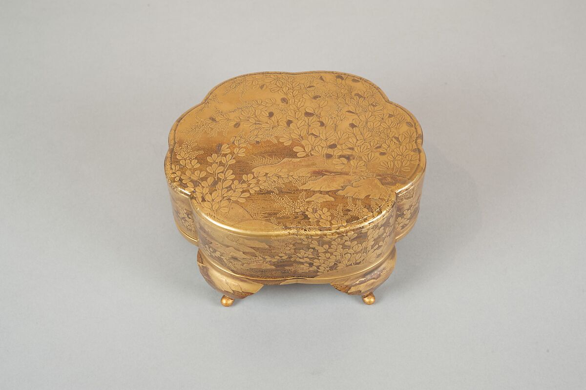 Legged Box with Design of Bush Clover along a Stream, Gold and silver maki-e on black lacquer, Japan