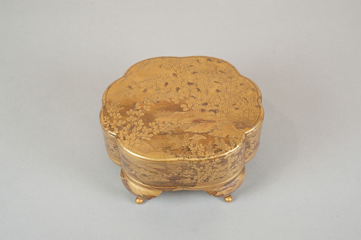 Legged Box with Design of Bush Clover along a Stream, Gold and silver maki-e on black lacquer, Japan 