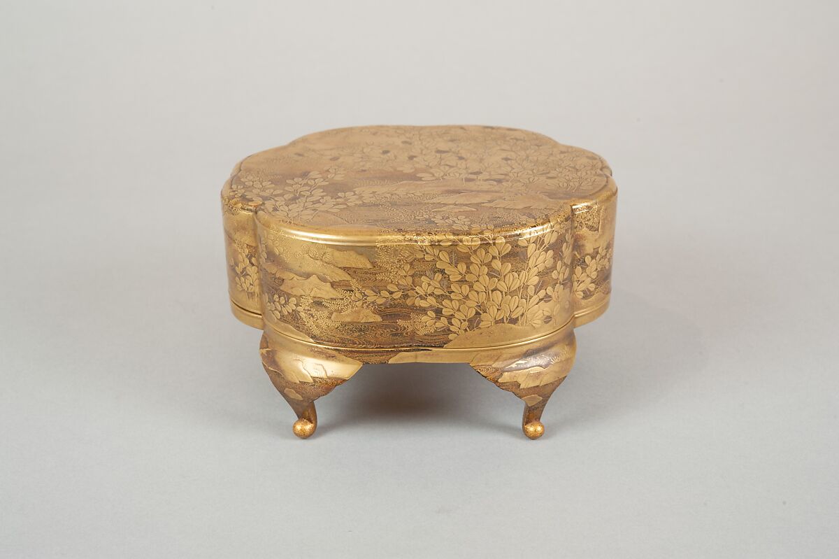 Legged Box with Design of Bush Clover along a Stream, Gold and silver maki-e on black lacquer, Japan