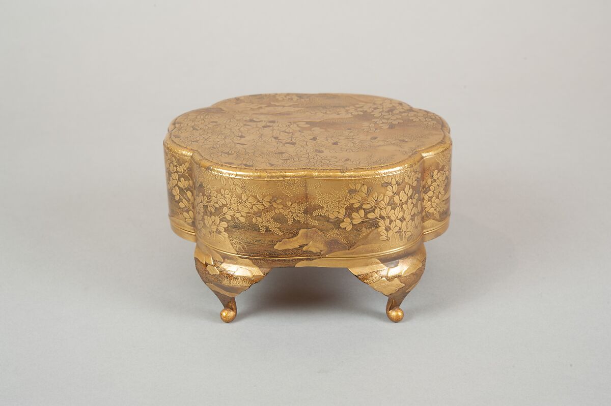 Legged Box with Design of Bush Clover along a Stream, Gold and silver maki-e on black lacquer, Japan