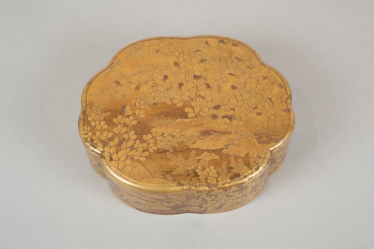 Legged Box with Design of Bush Clover along a Stream, Gold and silver maki-e on black lacquer, Japan