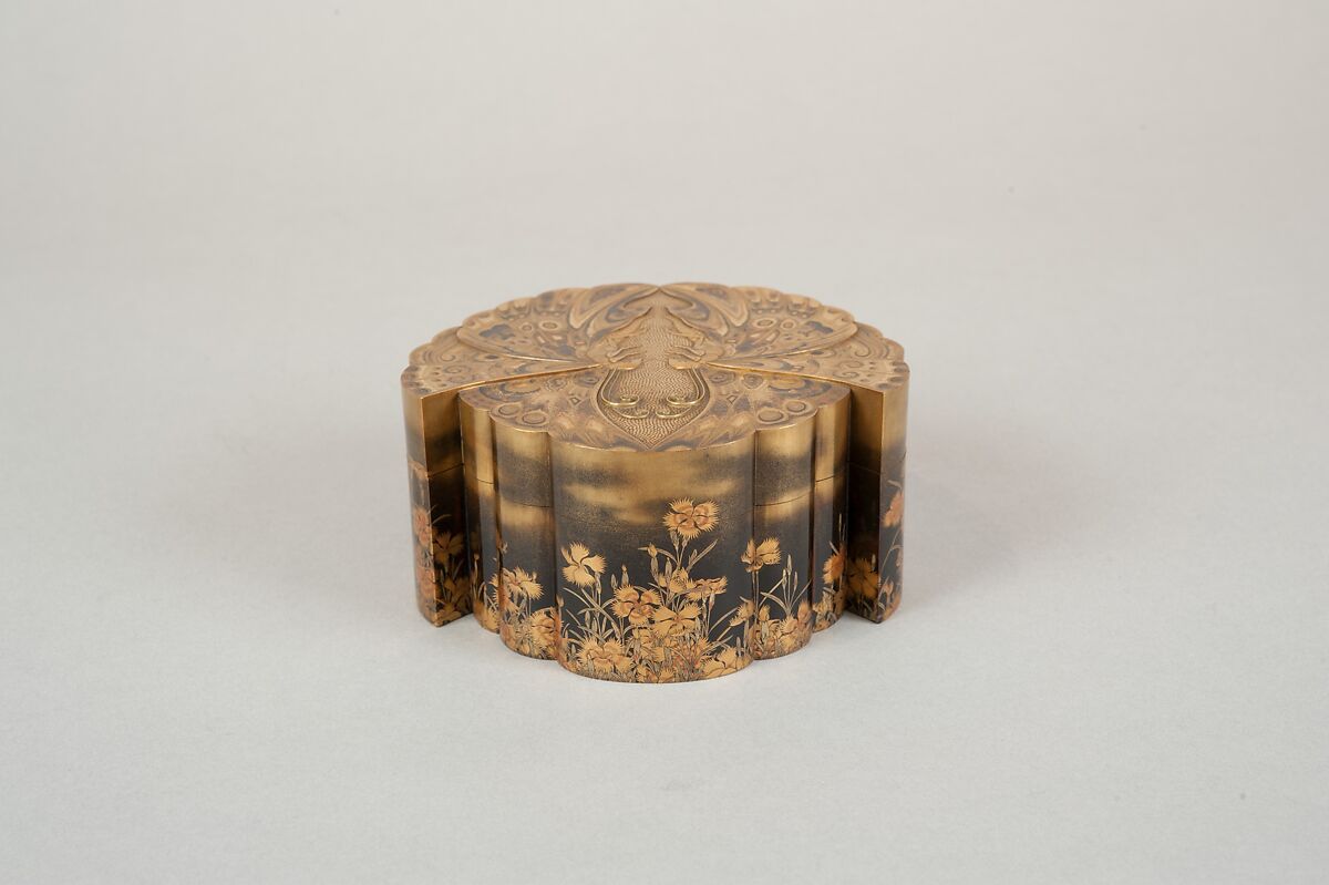 Box in Shape of Butterfly with Design of Wild Pinks on Side, Lacquer with gold, silver, and mother-of-pearl, Japan