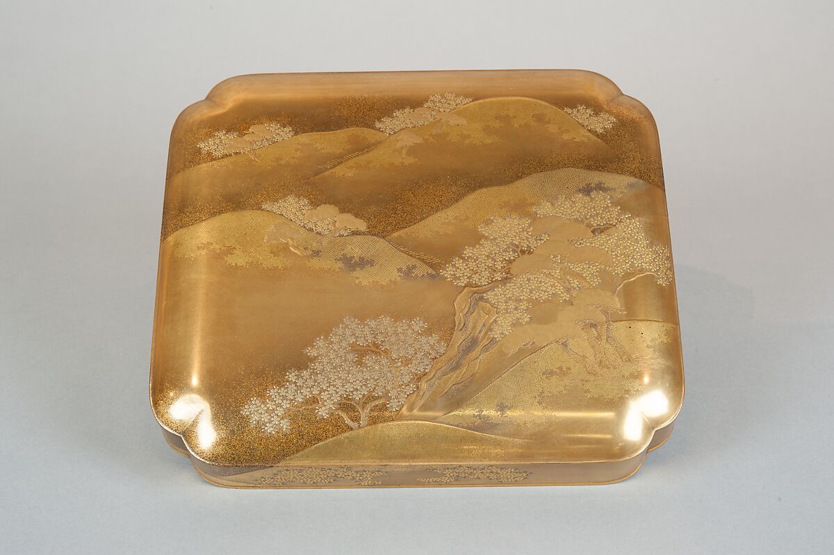 Box with Design of Cherry Blossoms at Mount Yoshino, Gold and silver maki-e on gold lacquer, Japan