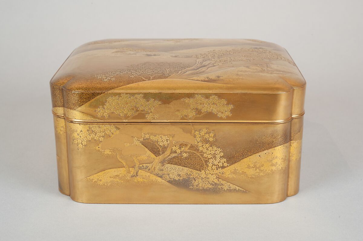 Box with Design of Cherry Blossoms at Mount Yoshino, Gold and silver maki-e on gold lacquer, Japan