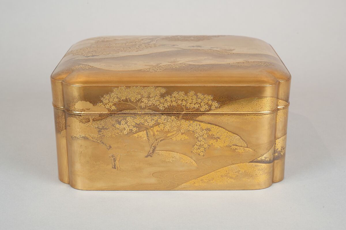 Box with Design of Cherry Blossoms at Mount Yoshino, Gold and silver maki-e on gold lacquer, Japan