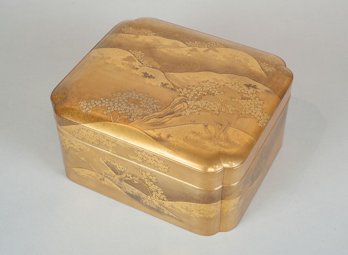 Box with Design of Cherry Blossoms at Mount Yoshino, Gold and silver maki-e on gold lacquer, Japan