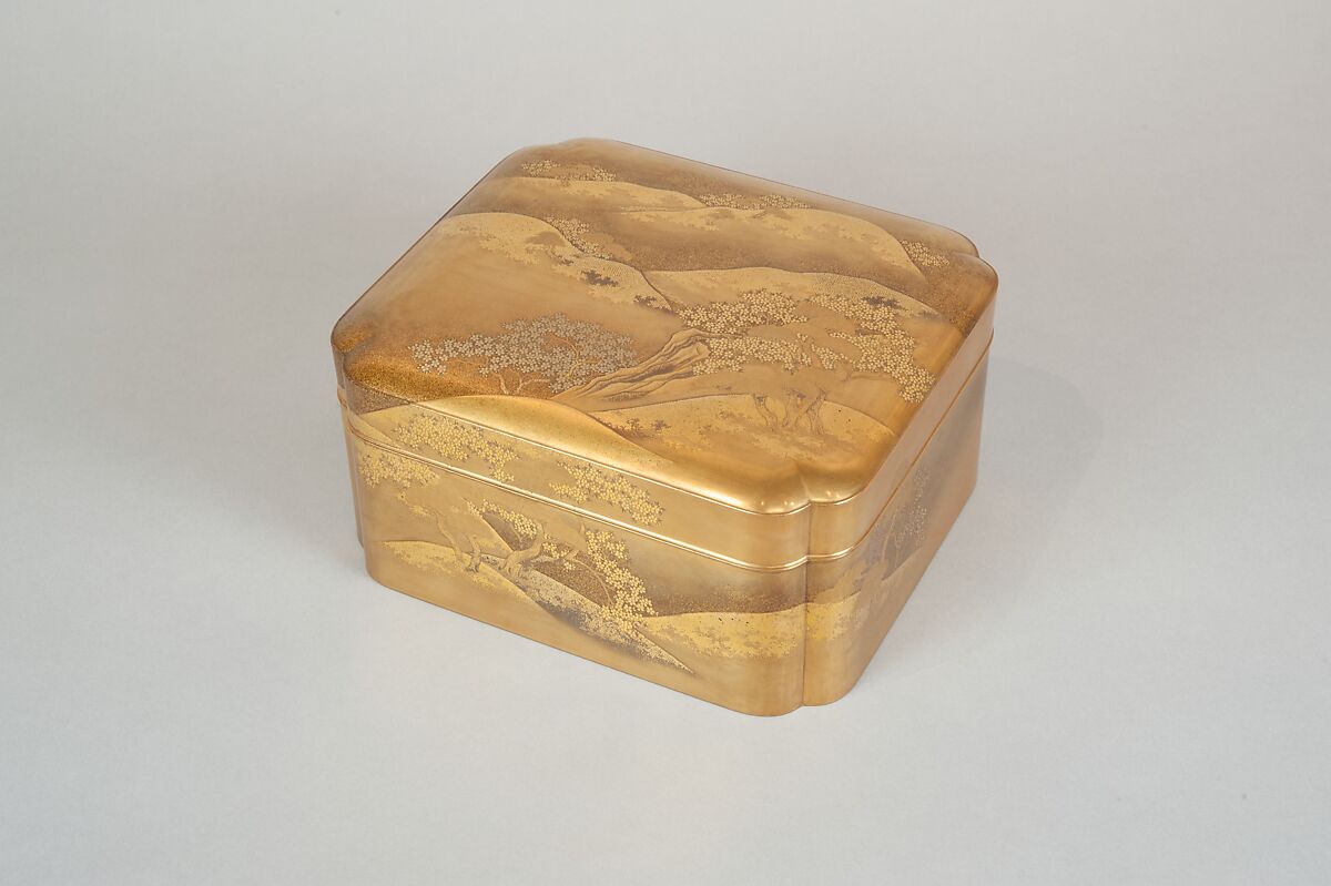 Box with Design of Cherry Blossoms at Mount Yoshino, Gold and silver maki-e on gold lacquer, Japan 