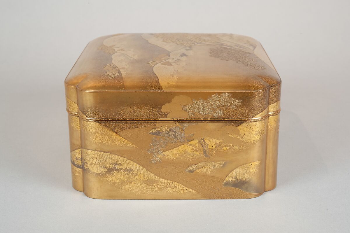 Box with Design of Cherry Blossoms at Mount Yoshino, Gold and silver maki-e on gold lacquer, Japan