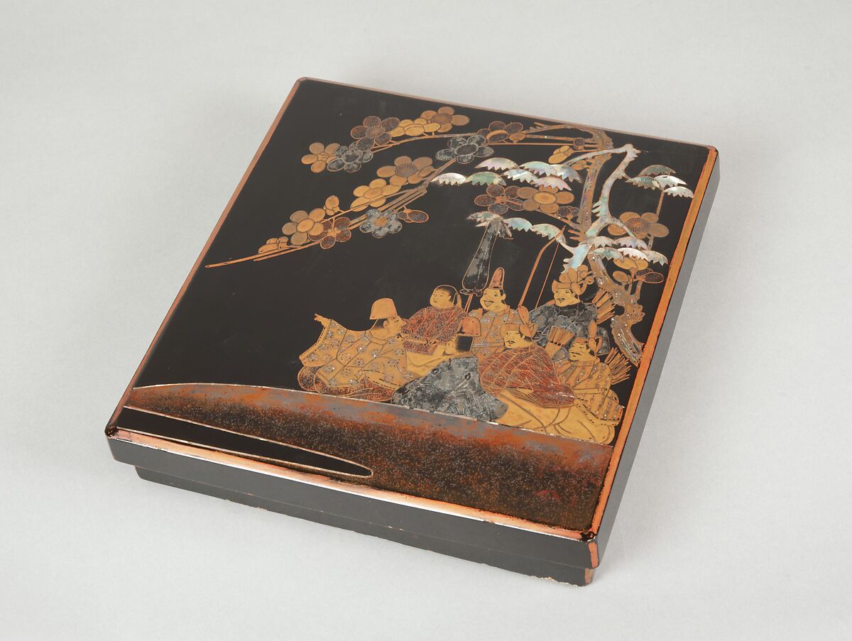 Writing Box with Design of Six Poets under a Cherry Tree and a Pine, Gold and silver maki-e, colored lacquer, and mother-of-pearl inlay on black lacquer, Japan
