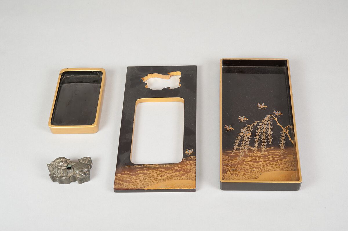 Writing Box with Design of Six Poets under a Cherry Tree and a Pine, Gold and silver maki-e, colored lacquer, and mother-of-pearl inlay on black lacquer, Japan