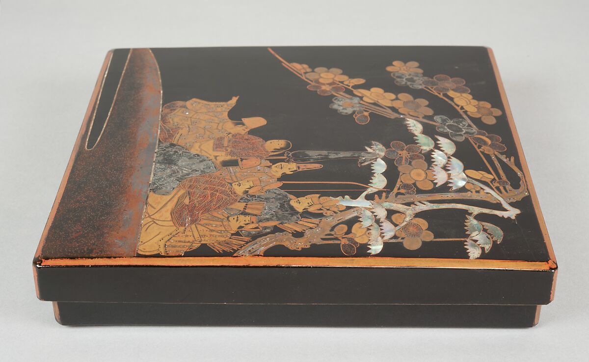 Writing Box with Design of Six Poets under a Cherry Tree and a Pine, Gold and silver maki-e, colored lacquer, and mother-of-pearl inlay on black lacquer, Japan