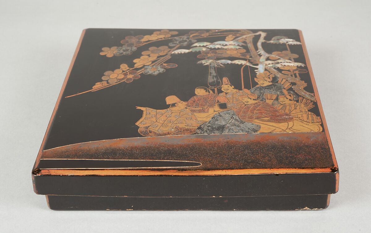Writing Box with Design of Six Poets under a Cherry Tree and a Pine, Gold and silver maki-e, colored lacquer, and mother-of-pearl inlay on black lacquer, Japan