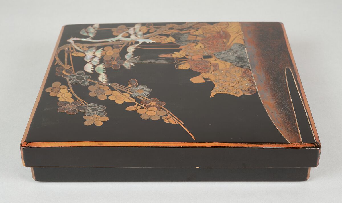 Writing Box with Design of Six Poets under a Cherry Tree and a Pine, Gold and silver maki-e, colored lacquer, and mother-of-pearl inlay on black lacquer, Japan