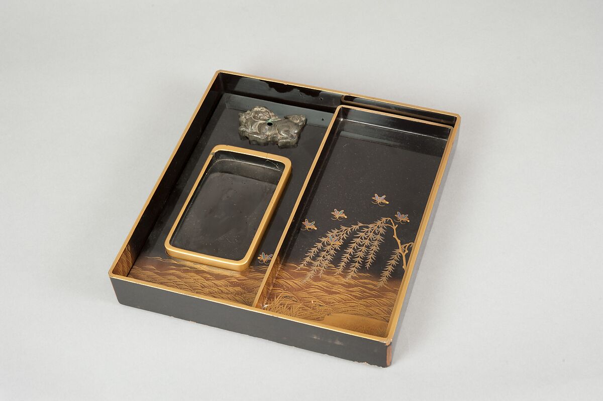 Writing Box with Design of Six Poets under a Cherry Tree and a Pine, Gold and silver maki-e, colored lacquer, and mother-of-pearl inlay on black lacquer, Japan