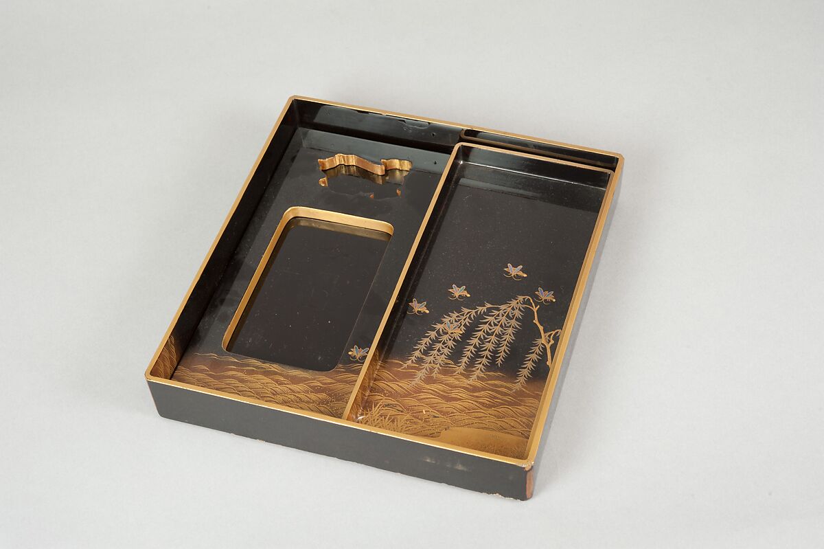 Writing Box with Design of Six Poets under a Cherry Tree and a Pine, Gold and silver maki-e, colored lacquer, and mother-of-pearl inlay on black lacquer, Japan