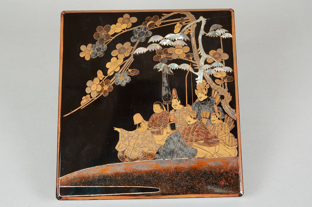 Writing Box with Design of Six Poets under a Cherry Tree and a Pine, Gold and silver maki-e, colored lacquer, and mother-of-pearl inlay on black lacquer, Japan 