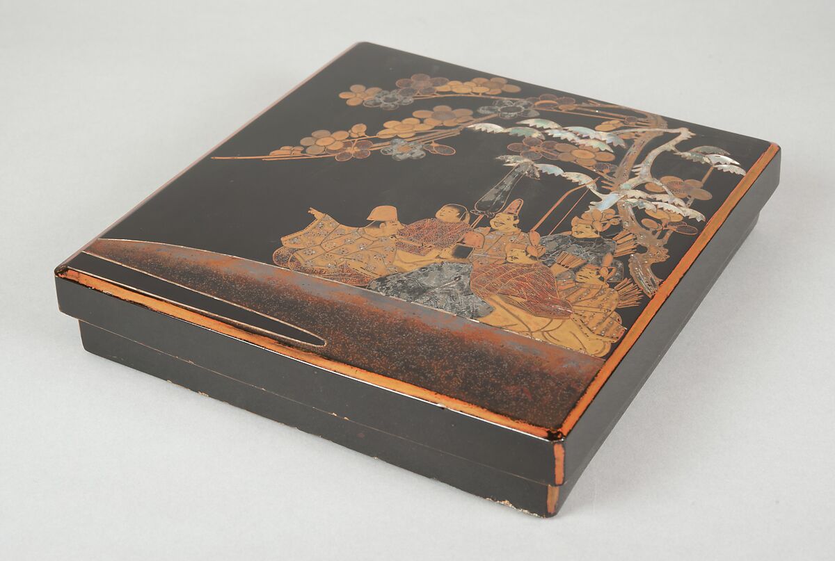 Writing Box with Design of Six Poets under a Cherry Tree and a Pine, Gold and silver maki-e, colored lacquer, and mother-of-pearl inlay on black lacquer, Japan