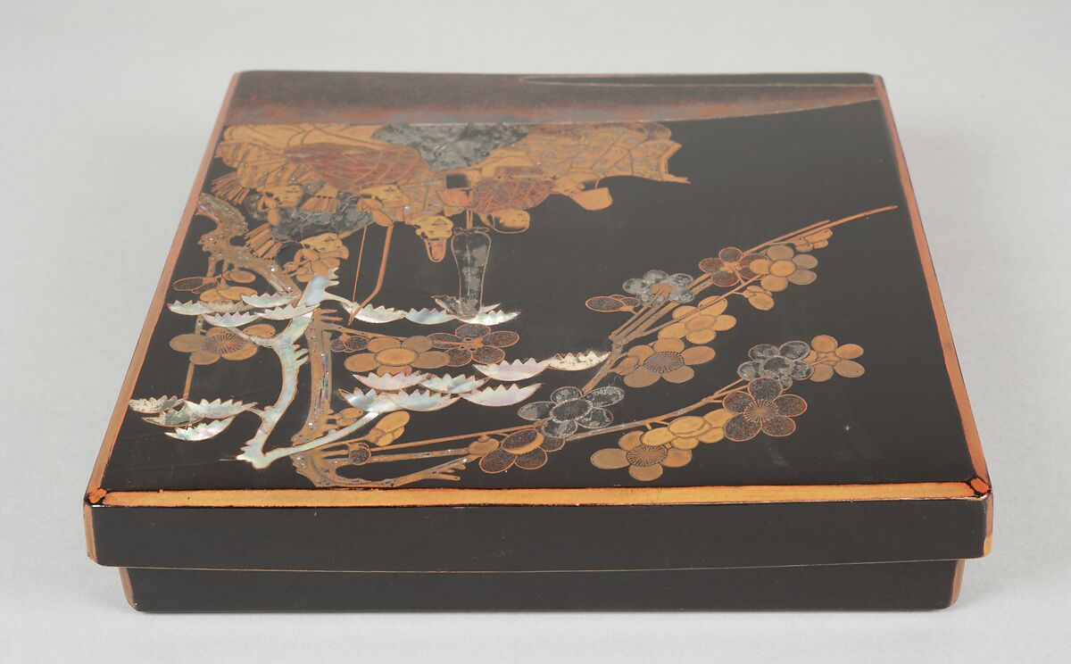 Writing Box with Design of Six Poets under a Cherry Tree and a Pine, Gold and silver maki-e, colored lacquer, and mother-of-pearl inlay on black lacquer, Japan