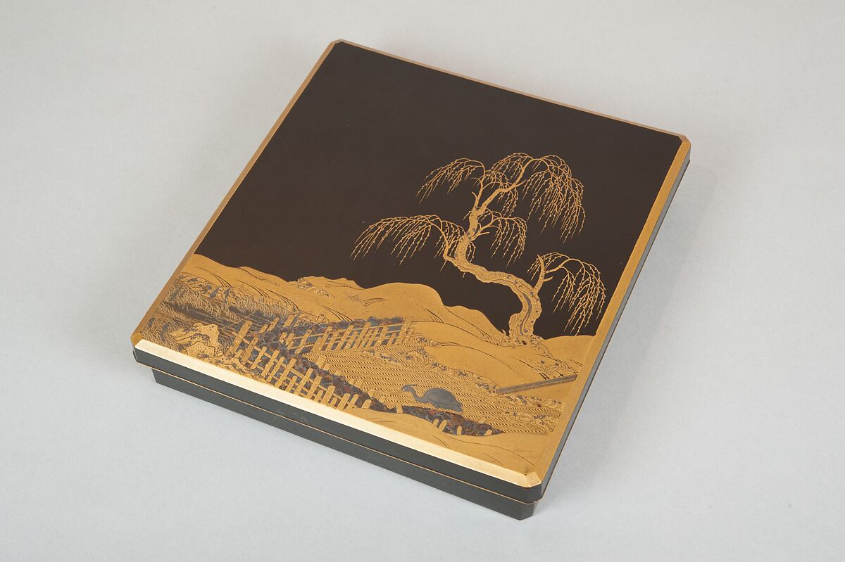 Writing Box (Suzuribako) with Landscape Design, Gold takamakie and gold and silver foil on black lacquer, Japan 