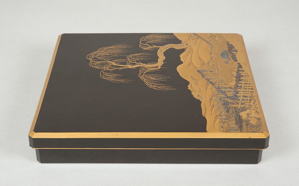 Writing Box (Suzuribako) with Landscape Design, Gold takamakie and gold and silver foil on black lacquer, Japan
