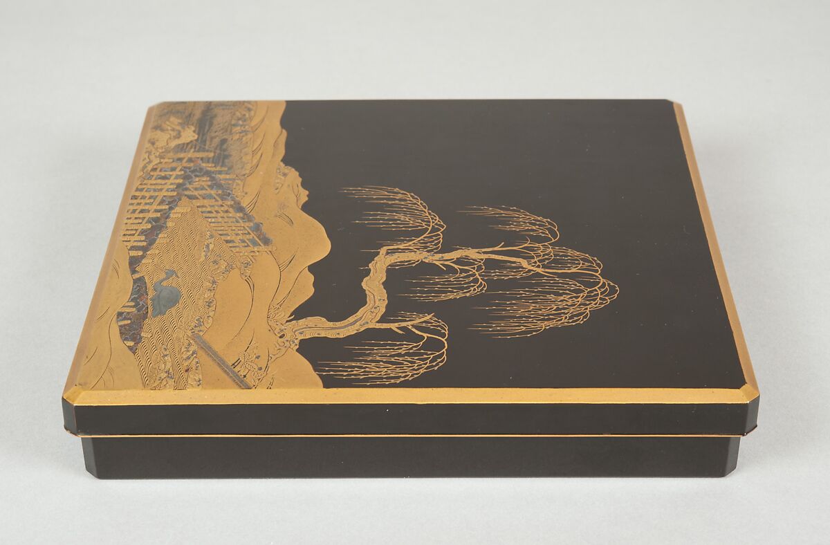 Writing Box (Suzuribako) with Landscape Design, Gold takamakie and gold and silver foil on black lacquer, Japan