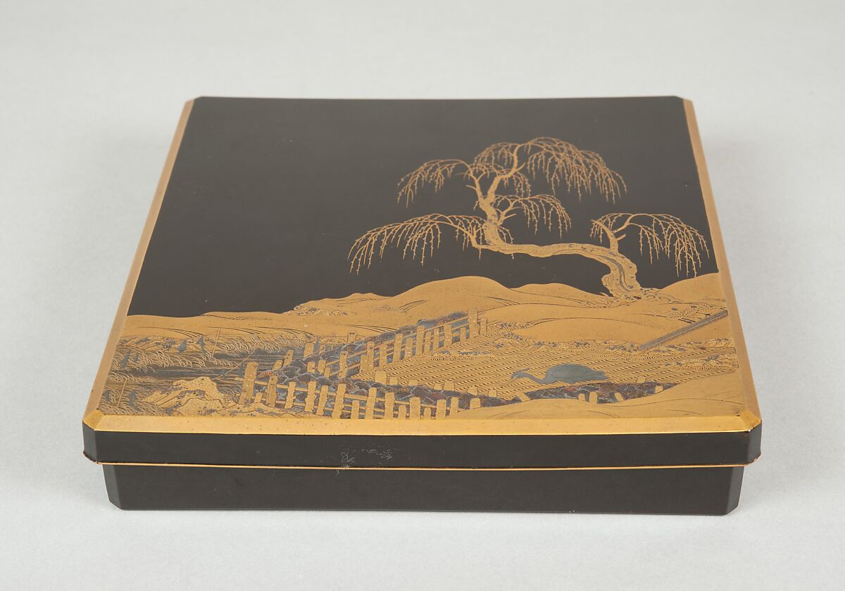 Writing Box (Suzuribako) with Landscape Design, Gold takamakie and gold and silver foil on black lacquer, Japan