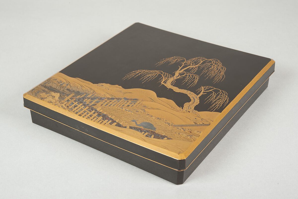 Writing Box (Suzuribako) with Landscape Design, Gold takamakie and gold and silver foil on black lacquer, Japan